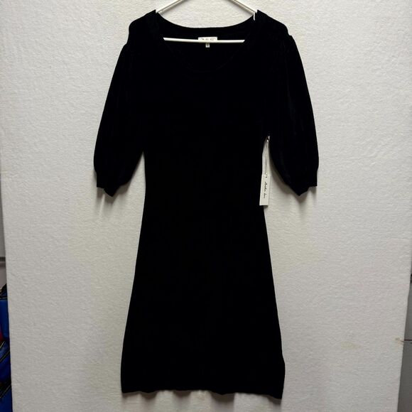 Another Love $98 Zola Sweater Dress Black Velvet Puff Sleeve Size S - Picture 3 of 11